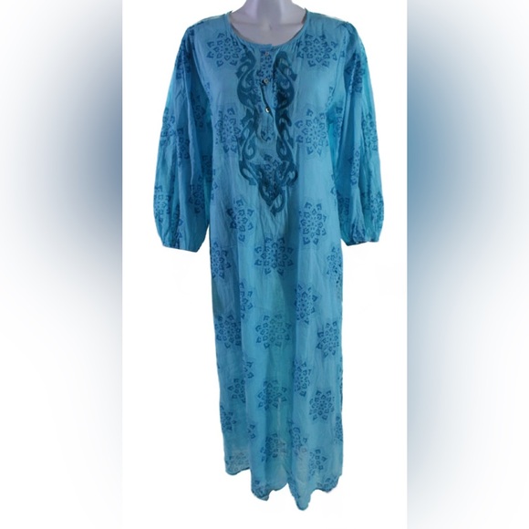 Ro's Garden Blue Floral Cotton Maxi Dress | Long Sleeves | L | Light | Elegant - Picture 2 of 11